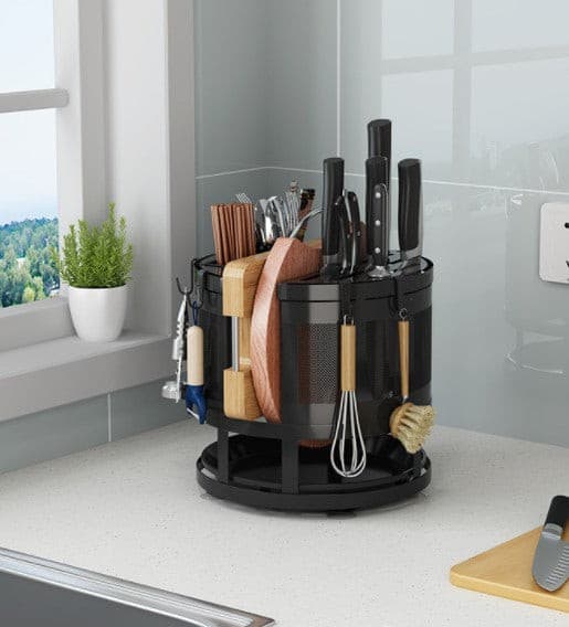 Black Steel Rotatable Benchtop Knife Storage Rack.